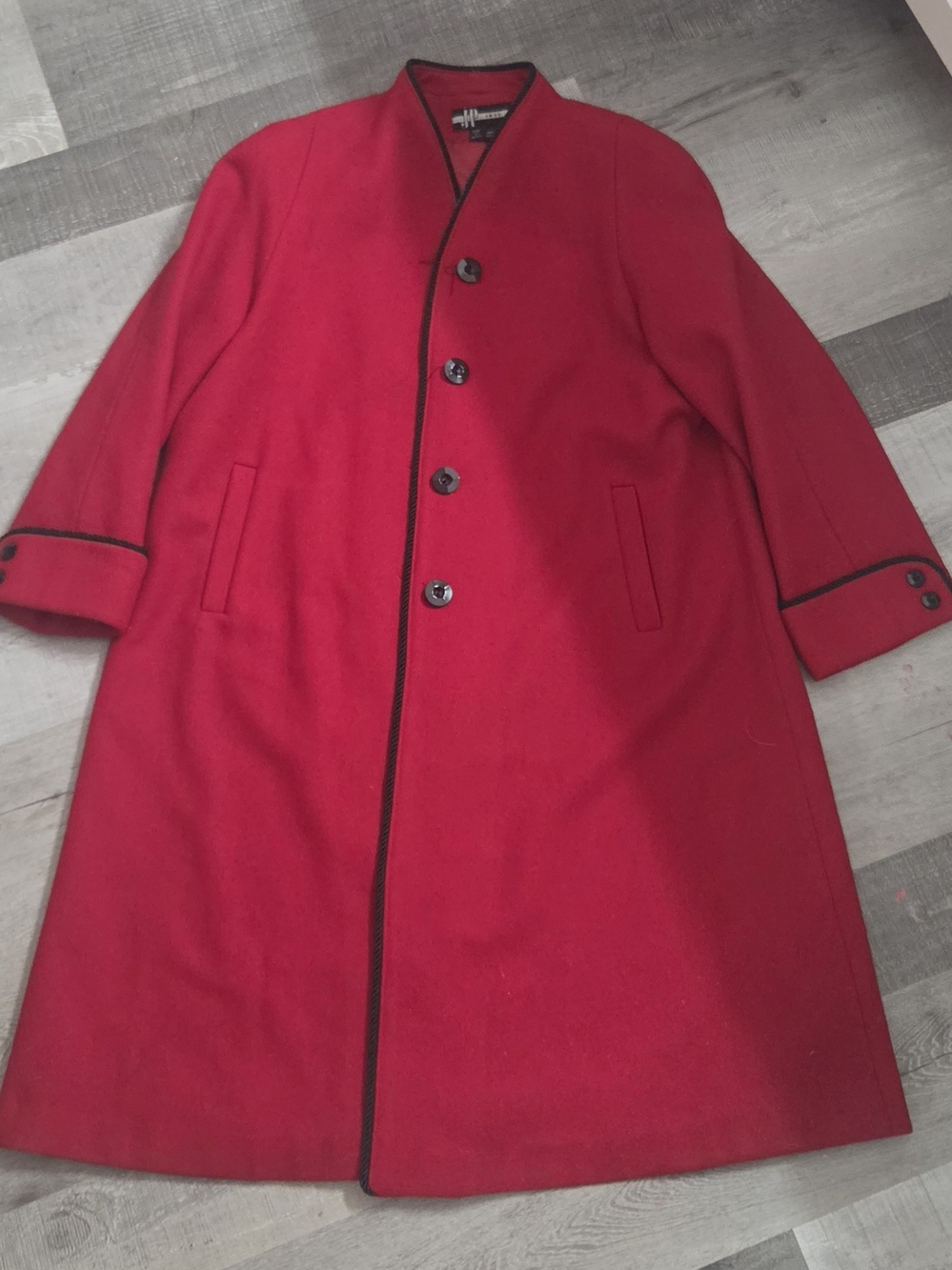 JP Vintage Red Wool Coat Black Accents Button Front Long Demi Petite